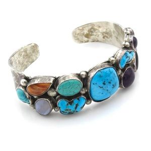 Signed - Lee Bennett, Navajo. Vintage Multi Stone Turquoise Cluster Cuff